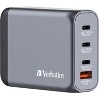 Gray Verbatim GaN charger 100W with three ports: two USB-C PD 100W and one USB-A QC 3.0, compact rectangular design.