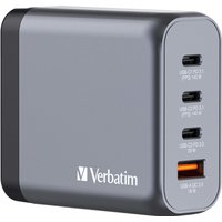 Gray Verbatim GaN charger 140W with 3 USB-C ports and 1 USB-A port, compact design with Verbatim logo.