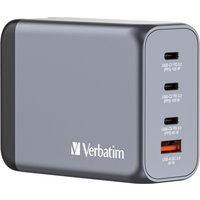 Gray Verbatim GaN charger 200W with three USB-C ports and one USB-A port, compact rectangular design.