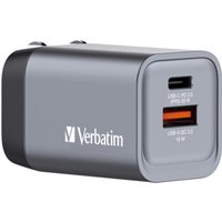 Gray Verbatim GaN charger 35W with USB-C PD and USB-A QC 3 ports, compact rectangular design with logo.