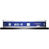 Verbatim M-Disc 4x BD-R 25 GB spindle, blue and white label, 10 discs, black base.