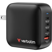 Black Verbatim Mini GaN Charger 100W, 4 USB ports, US plug, with Verbatim logo, compact design.