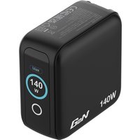 Black Verbatim Mini GaN Charger 140W with digital display, compact design, and blue accent around power indicator.