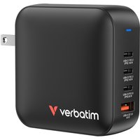Black Verbatim Mini GaN Charger 165W with four USB ports, US plug, and blue LED indicator.