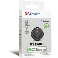 Black Verbatim MYF-01 Bluetooth item finder with circular button, in white packaging with Apple Find My compatibility.