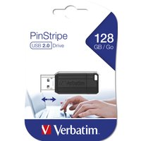 Black Verbatim PinStripe USB drive, 128 GB, with retractable connector and textured grip.
