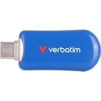 Blue Verbatim Plectra USB-C 64GB flash drive with rounded edges and white logo on the casing.