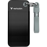 Black and grey Verbatim Pocket SSD 2TB with USB 3.2 Gen 2, compact design and keyring attachment.