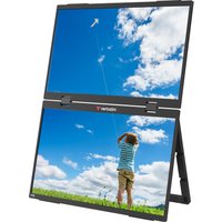 Verbatim Portable 15.6" FHD Dual Monitor with black frame, vertical setup, displaying sky and child flying kite.