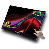 Verbatim 17.3” portable touchscreen monitor, Ultra HD 4K, sleek black frame, vibrant display with colorful graphics.