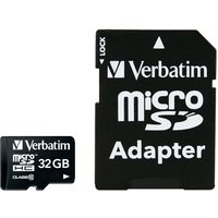 Verbatim Premium 32 GB MicroSDHC Class 10 card with black adapter featuring white text and lock switch.