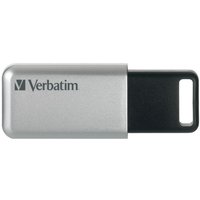 Silver Verbatim Secure Pro USB 3.0 drive, 16 GB, with black sliding cover and keyring loop.