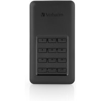 Black Verbatim Store 'n' Go Portable SSD with numeric keypad, 256GB capacity, compact rectangular design.