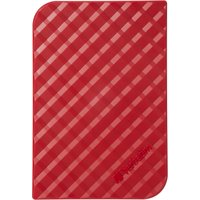 Red Verbatim Store 'n' Go USB 3.0 hard drive 1TB with diagonal checkered pattern and rounded corner design.