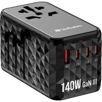 "Black Verbatim UTA-10 140W GaN III adapter with geometric pattern, universal sockets, and 2 USB-C ports"