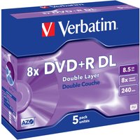Purple Verbatim VB-DPD55JC DVD+R DL 8.5GB 8x speed 5-pack box with red logo and disc image on front.