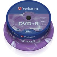 Verbatim VB-DPR47S2A DVD+R spindle, 25 discs, purple base, blue lid, 4.7GB capacity, 16x speed.