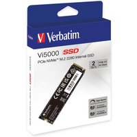Verbatim Vi5000 PCIe NVMe M.2 SSD 2TB in blue and white packaging with red SSD label and product image.