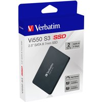 Verbatim Vi550 S3 2 TB SSD in blue and white box, features 2.5" SATA III, high speed, and 7mm slim design.