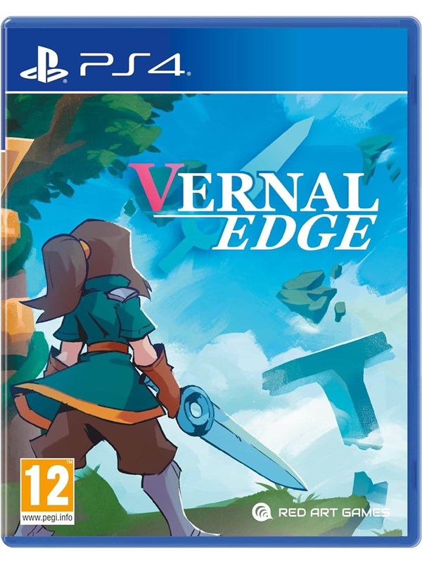Vernal Edge for PlayStation 4 features vibrant artwork with a character holding a sword, set against a colorful landscape, and includes a PEGI 12 rating in the bottom left corner.