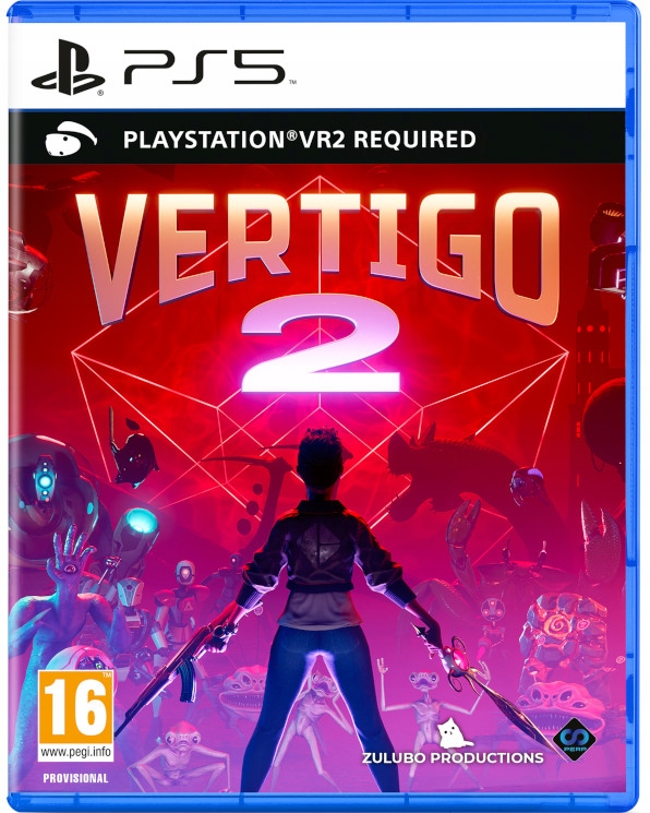 Vertigo 2 PSVR2 game case features vibrant artwork with a character in a dark outfit, surrounded by colorful robotic figures and a geometric background, all against a blue PS5 case.