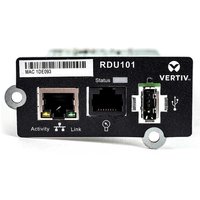 Black Vertiv IntelliSlot RDU101 Ethernet card with ports, LED indicators, and mounting holes.