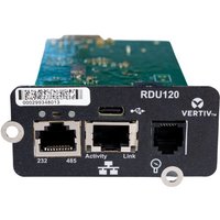 Black Vertiv Liebert IntelliSlot RDU120 network card with Ethernet ports, USB-C, and LED indicators.