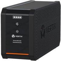 Black Vertiv PowerUPS 200 with LED indicators, power button, and vented sides, 1000VA/525W capacity.