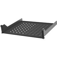 Black Vertiv VRA3001 rack shelf with perforated surface and raised edges for secure equipment placement.