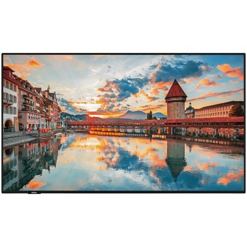 Flat panel digital signage display measuring 139.7 cm, featuring a sleek black frame and vibrant, high-resolution image of a scenic waterfront at sunset.