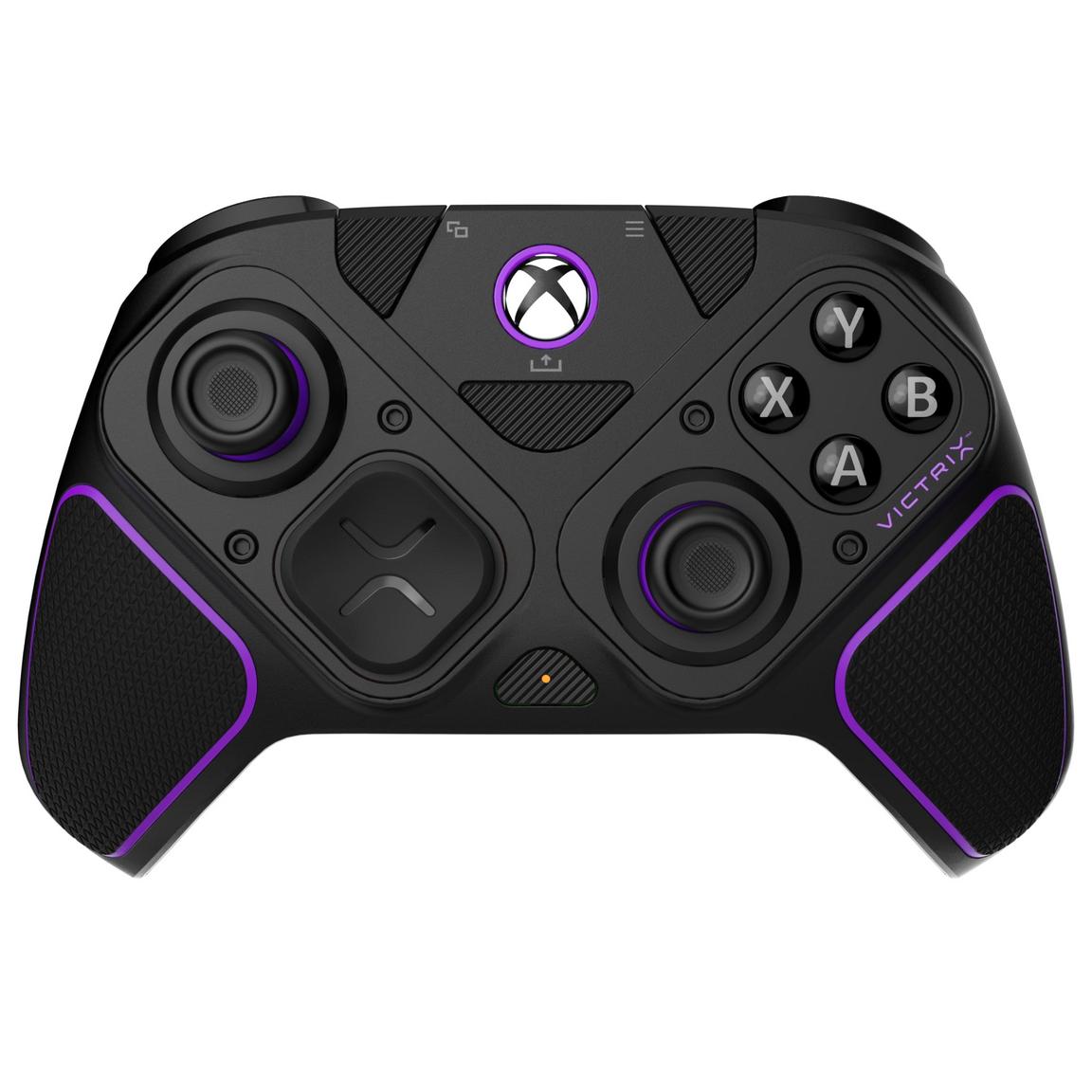 Black wireless gaming controller with purple accents, featuring textured grips, customizable buttons, and a sleek design, compatible with Xbox Series X|S, Xbox One, and PC.