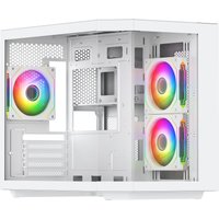 White VIDA EDGE MINI MATX ARGB cube case with mesh panels, three rainbow LED fans, and clear side window.