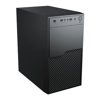 Black Micro ATX / Mini ITX PC tower case featuring a sleek design, textured front panel, USB ports, and power button on the top for easy access.