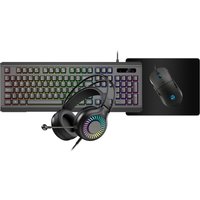 Black gaming keyboard, mouse, and headset with RGB lighting, USB connection, and sleek design by VIDA.