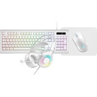 White gaming keyboard, mouse, and headset with RGB lighting, USB connectivity, sleek design by VIDA.
