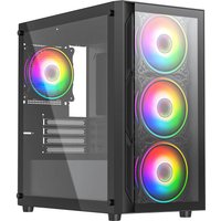 Black VIDA Lucid computer case with tempered glass panel and three front RGB fans.