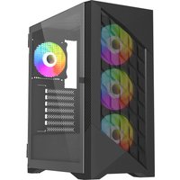 Black VIDA Typhoon Tower PC case with RGB fans, tempered glass side panel, and geometric front design.