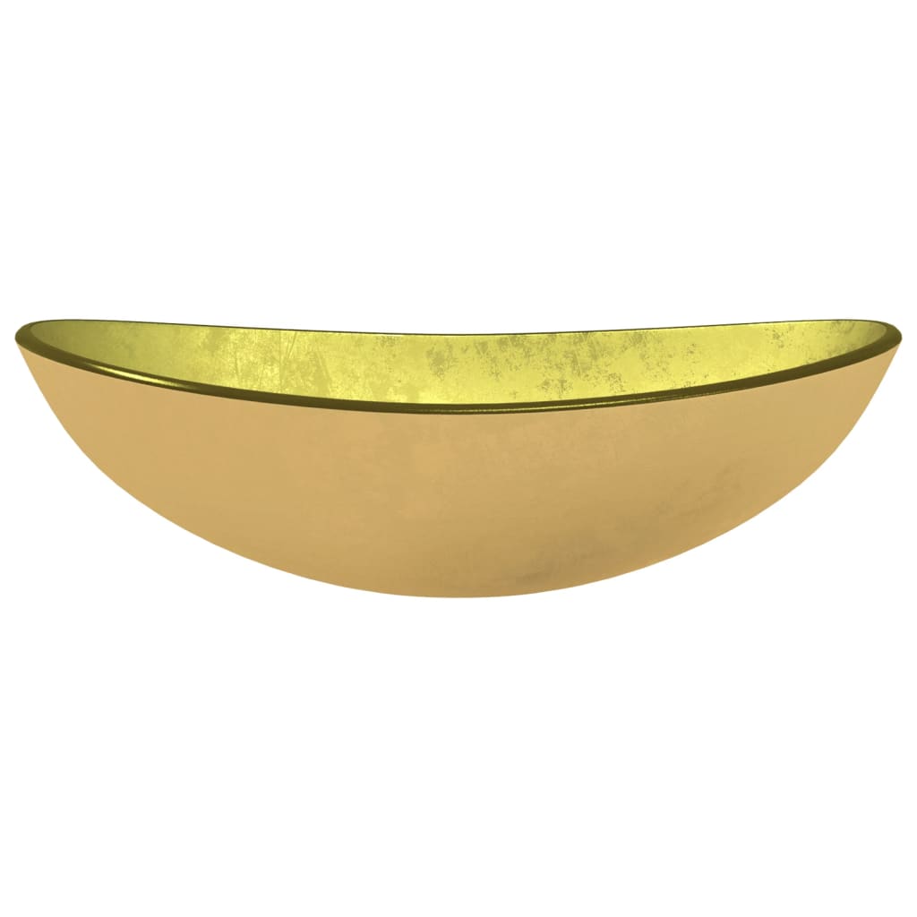 Tempered glass basin in a sleek gold finish, featuring a modern half-moon shape, perfect for adding a touch of elegance to any bathroom or vanity.