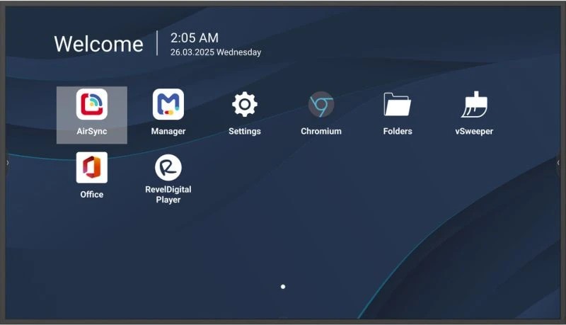 75-inch Viewsonic 4K commercial display featuring a sleek black frame, showcasing a modern interface with app icons and a welcome message on a blue background.