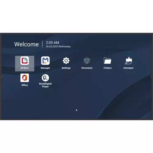 98-inch 4K commercial display featuring a sleek black bezel, vibrant screen, and user-friendly interface with app icons for AirSync, Manager, Settings, and more.