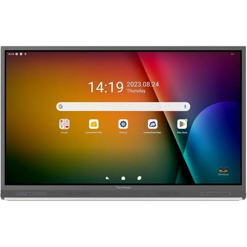 Viewsonic IFP6552-2F digital signage display features a sleek flat panel design, 165.1-inch screen, vibrant colors, and a user-friendly touchscreen interface with various app icons.