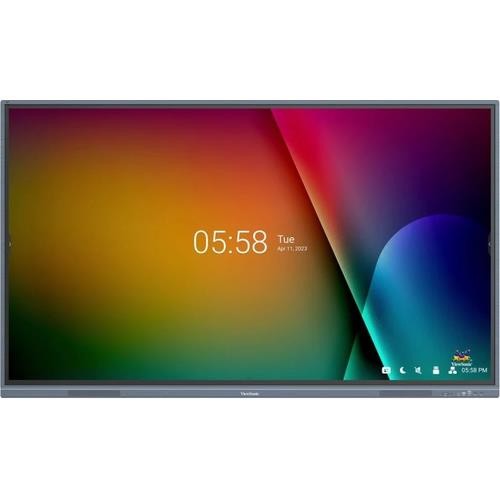 Interactive flat panel display by Viewsonic, 190.5 cm, featuring a vibrant multicolored screen with a sleek gray bezel and a digital clock showing 05:58 on a Tuesday.