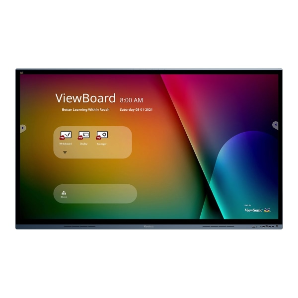 4K UHD interactive display with a sleek black frame, featuring a vibrant, colorful touchscreen interface showcasing the ViewBoard software and various app icons.