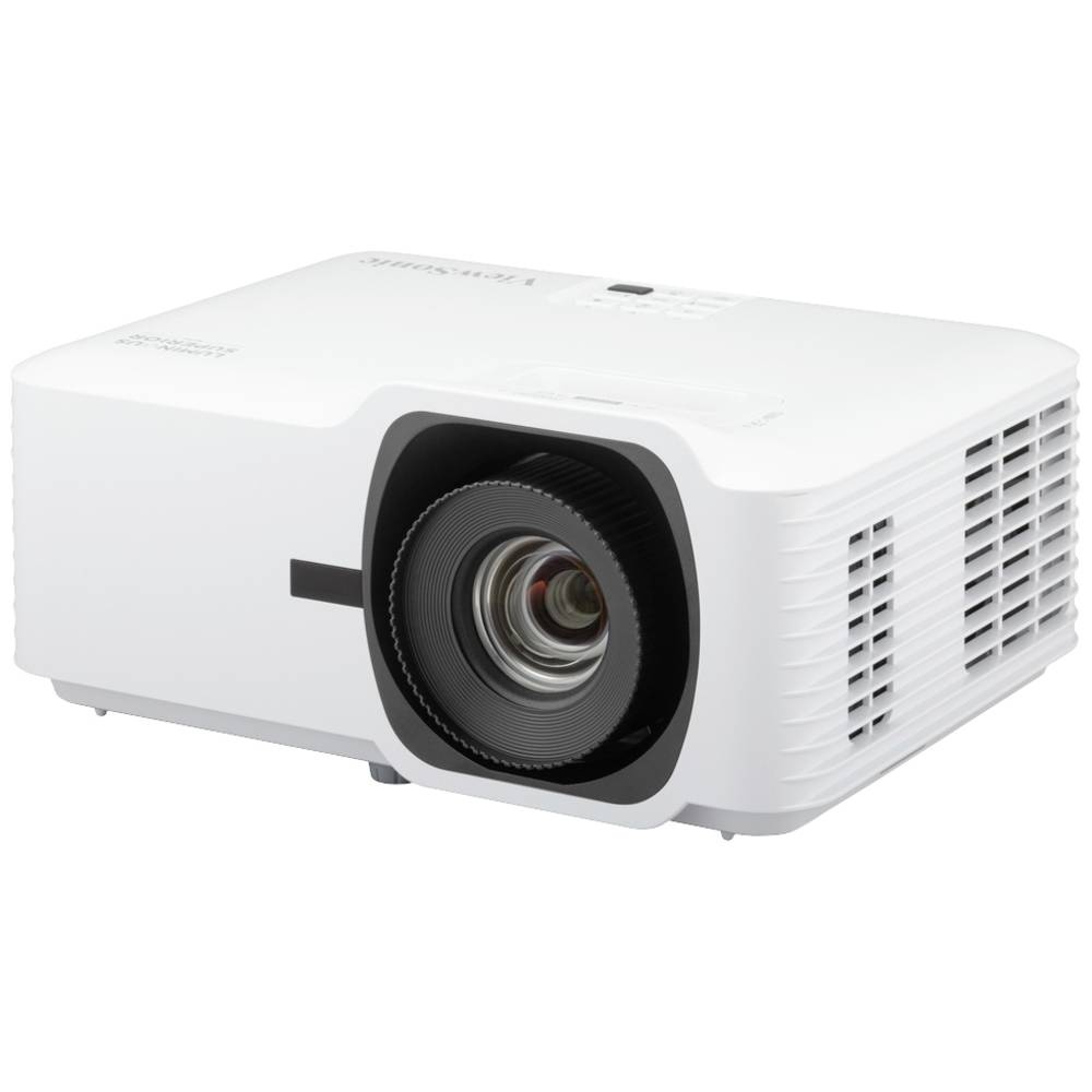 White ViewSonic LS741HD laser projector featuring a prominent lens, ventilation grilles, and control panel, designed for 5000 lumens brightness and 1080p resolution.