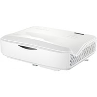 White Viewsonic ultra short throw projector with sleek design, vented sides, and subtle logo on top.