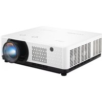 White Viewsonic data projector with large lens, vented sides, and black base.