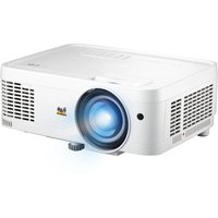 White Viewsonic short throw projector with large lens, vented sides, and logo on front.