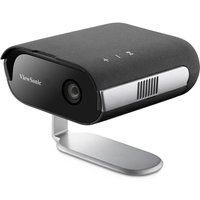 Grey Viewsonic M1E MAX projector with rounded edges, lens on front, silver stand, and ventilation on side.