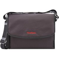 Black Viewsonic PJ-CASE-008 projector case with red logo, adjustable shoulder strap, and secure flap closure.