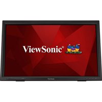 Viewsonic TD2423 23.6" touchscreen monitor with black frame and Viewsonic logo on red geometric background.